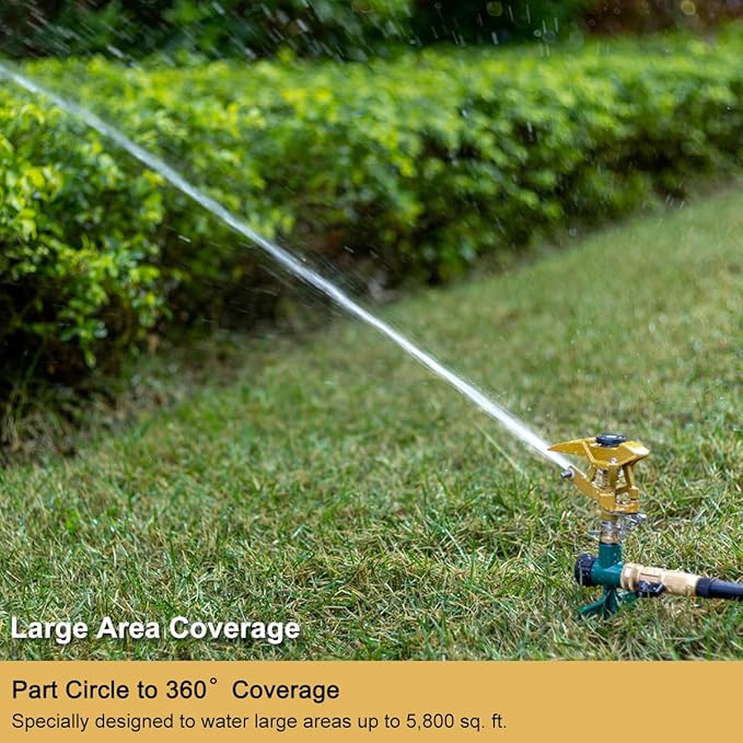 FANHAO Heavy Duty Pulsating Lawn Sprinkler on Spike Base, 100% Metal Impact Sprinkler with Adjustable Spray Pattern for Lawn Yard Irrigation, 360 Degree Large Area Coverage, Covers Up to 8500 sq. ft
