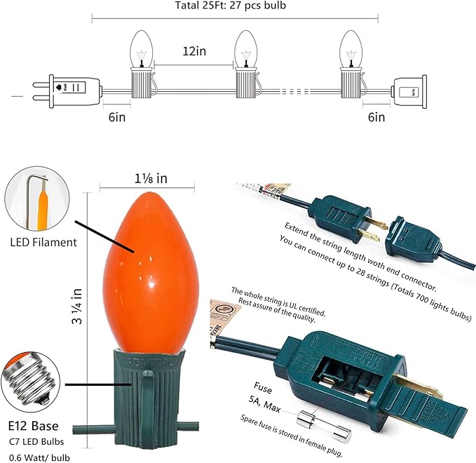GOOTHY C7 LED Christmas Lights, 25Ft Outdoor Multicolor 27 Bulbs, Waterproof String Lights for Garden Patio Party Decorations- Green Wire
