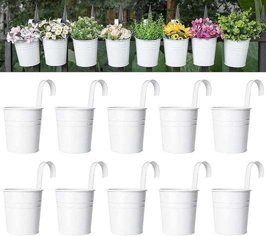 Dahey 10 Pcs Hanging Flower Pots Metal Iron Bucket Planter for Railing Fence Balcony Garden Home Decoration Flower Holders with Detachable Hooks, White, 5 inches