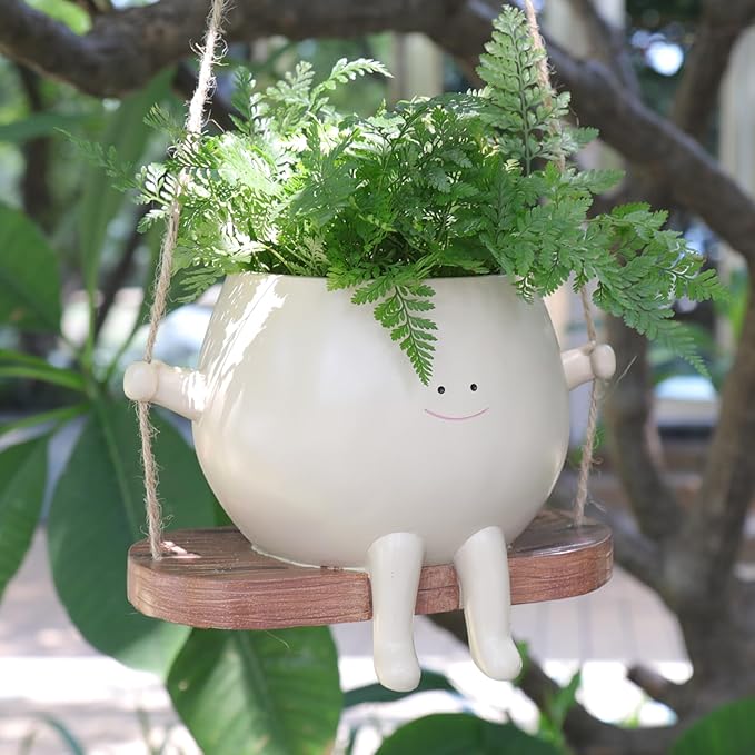 Plus Size Swing Face Planter Pot Hanging Head Planter for Indoor Outdoor Plant for String of Pearls Plant Live Resin Flower Pots Gift Ideas for Mother and Teacher Appreciation Christmas