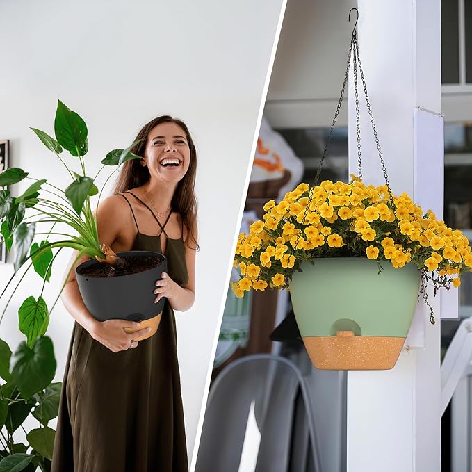 ZMTECH 12 Inch Hanging Planters for Indoor Outdoor Plants, 2 Pack Self Watering Hanging Plant Pots with Drainage Hole, Visual Reservoir, Plastic Flower Hanging Pots with Watering Lip (Black)