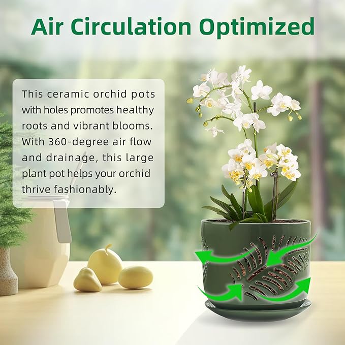 Ceramic Orchid Pots, 6+5 inch Orchid Pots with Holes,Orchid Pots for Repotting,Healthy Air Circulation Plant Pots for Plant Lovers,Planters for Indoor/Outdoor Plants -2 Pack