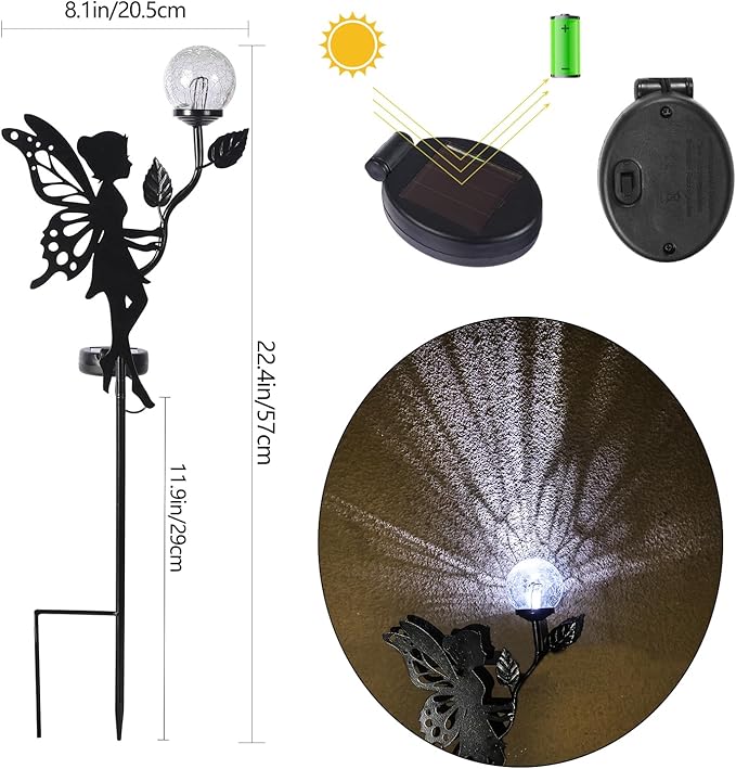 2 Pack Solar Fairy Garden Decor, Metal Fairy Statues with Crackle Glass Globe Solar Garden Lights Outdoor Silhouette Waterproof for Lawn Patio Yard Pathway Gardening Gifts