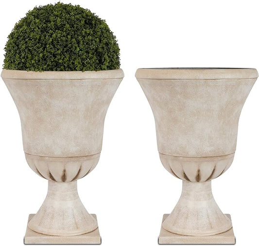 Worth Garden Plastic Urn Planters for Outdoor Plants, Tree 22'' Tall 2 Pack Round Classic Resin Flower Pots Indoor Beige Traditional Front Porch 15 in Dia. Large Imitation Stone Decorative Patio Deck