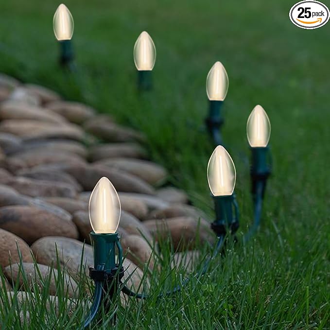 38Ft C9 LED Christmas Pathway Lights Outdoor, 25 C9 LED Warm White Christmas Pathway Stakes Lights Waterproof, Outdoor Christmas Walkway Lights for Yard Lawn Sidewalk Driveway Christmas Decorations