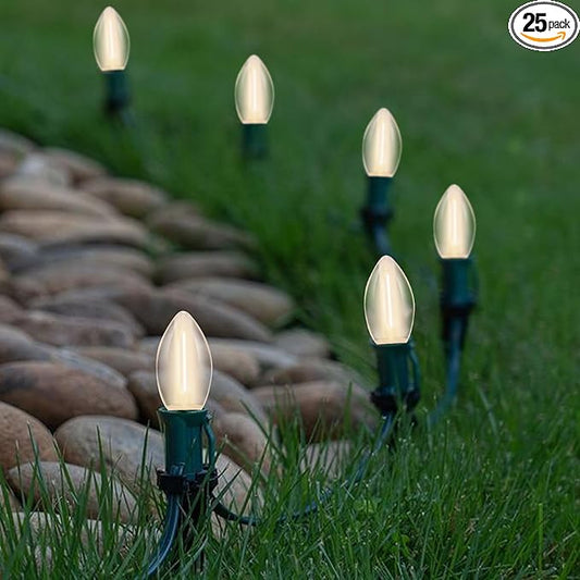 38Ft C9 LED Christmas Pathway Lights Outdoor, 25 C9 LED Warm White Christmas Pathway Stakes Lights Waterproof, Outdoor Christmas Walkway Lights for Yard Lawn Sidewalk Driveway Christmas Decorations