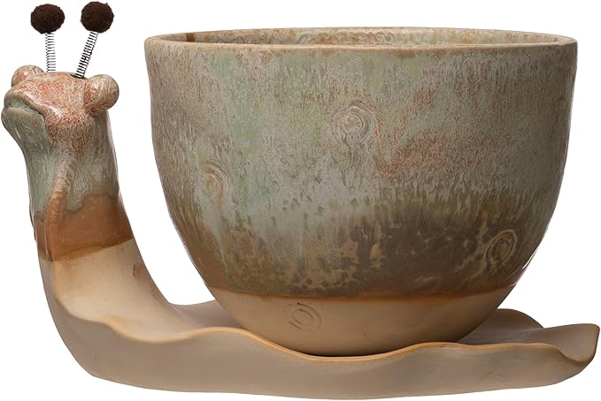 Creative Co-Op Stoneware Snail Planter, Reactive Glaze, (Each One Will Vary), Set of 2 Pieces