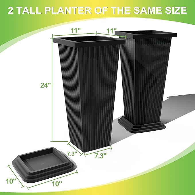 Set of 2 Large Tall Planter for Indoor or Outdoor 24" Tall Flower Pots Tapered Tall Planters with Tray for Porch, Patio, Backyard, Large Planters for Outdoor Indoor Plants(Black,Striped)