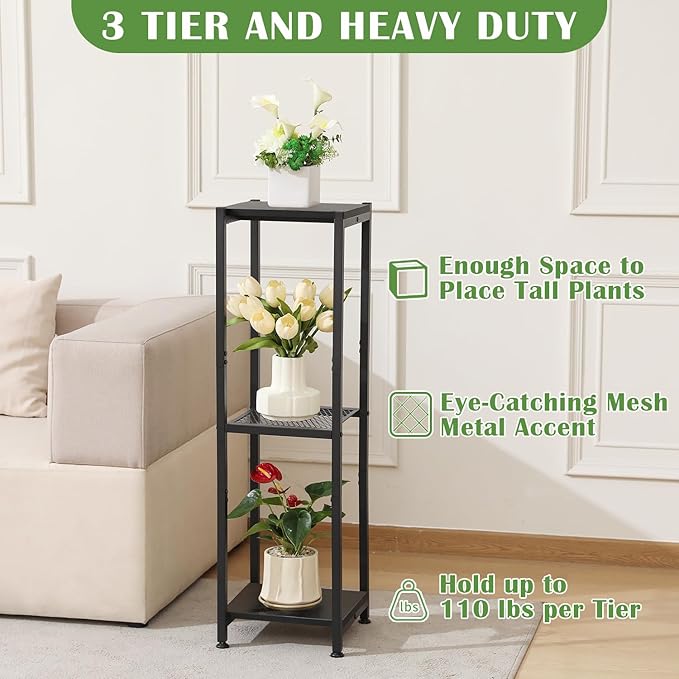 Extra Tall Plant Stand Indoor,40 Inch Plant Stands,3 Tier Metal Plant Stand with Heavy Duty Wood and Metal Mesh Shelf,Black