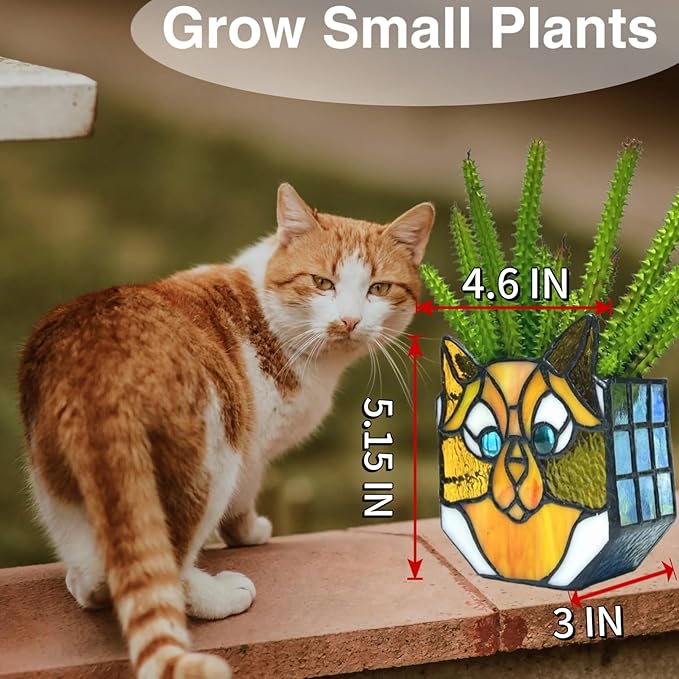 Stained Glass Yellow Cat Planter, Indoor Plant Tabletop Plant Display, Yellow Cat Small Plant Pot, Cat Terrarium Decor, Cat Decor Gift 4.6x3x5.15 in(Excluding Plants)