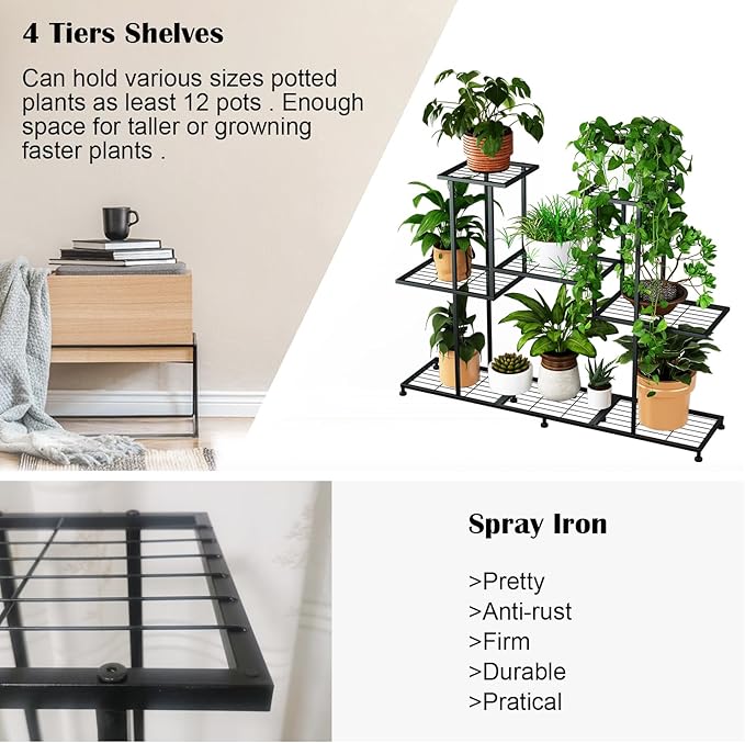 Metal Plant Stand, 5 Tiers Multifunctional Plant Stands for Indoor Plants, Decorative Black Steel Plant Shelf for Indoor Patio Garden Balcony and Yard (4 tiers 12 pots)