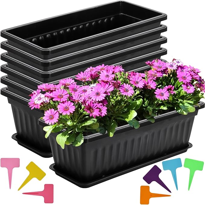Fasmov 7 Pack 17 Inches Flower Window Box Plastic Vegetable Planters with Trays Vegetables Growing Container Garden Flower Plant Pot with 7 Pcs Plant Labels for Balcony, Patio, Garden, Black