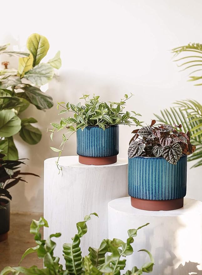 LE TAUCI Ceramic Plant Pots with Drainage Holes, Set of 3, 8+6.7+5.5 Inch Stripe Garden Planter Pots for Outdoor Indoor Plants Flower, Round Succulent Orchid Flower Pot, Reactive Glaze Black