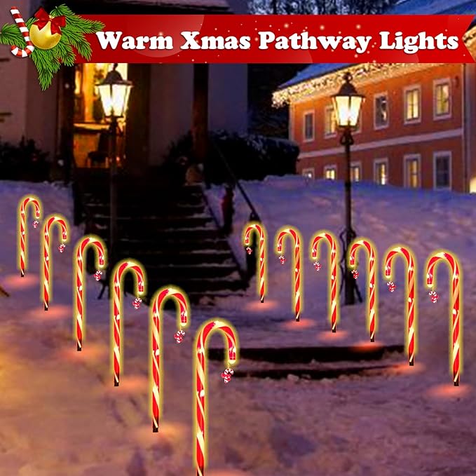 12 Pack Christmas Candy Cane Lights Outdoor Solar Pathway Lights Christmas Decorations Waterproof Driveway Walkway Markers Yard Garden Home Xmas Decor, 2-in-1 Rechargeable Solar Power