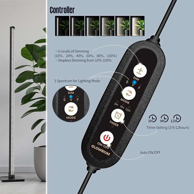 GLOWRIUM Standing Grow Light for Indoor Plants, 15in Full Spectrum Vertical Plant Light,3 Light Modes, Auto-Timer,6-Level Dimmable, Suitable for Wide Area Coverage in Indoor Plants (1-Section)
