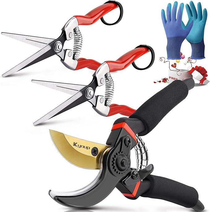 Kynup 3Pack Pruning Shears, Garden Shears, Pruning Shears for Gardening, Gardening Shears, Garden Scissors, Garden Clippers, Gardening Tools with Gloves, Stainless Steel, Soft Grip Handle