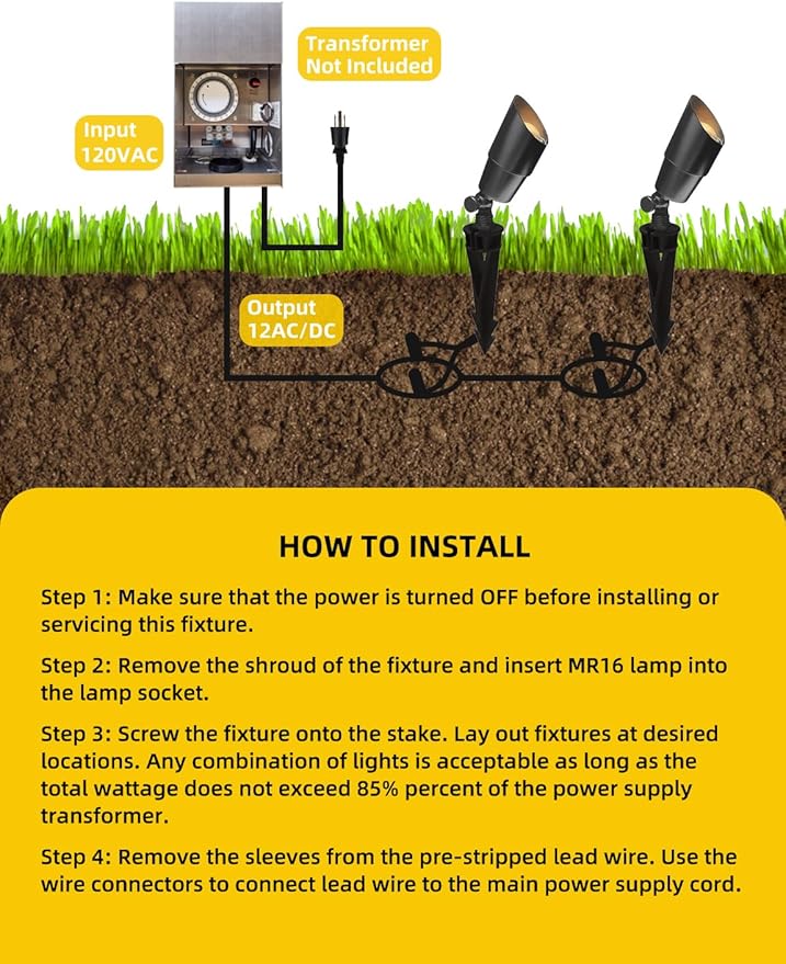 COLOER Brass Low Voltage Landscape Spotlight(Black) 12-Pack with 5W Aluminum Housing MR16 LED Bulb 2700K 450LM CRI85+,12V AC/DC Outdoor Uplighting, Directional Garden Patio Spot Up Light(101B-Black)