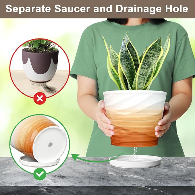 6.7 + 5.5 Inch Plant Pot, Ceramic Planter with Drainage and Saucer，Ceramic Pots for Plants, Indoor Plant pots，planters for Indoor Plants(Khaki + White)