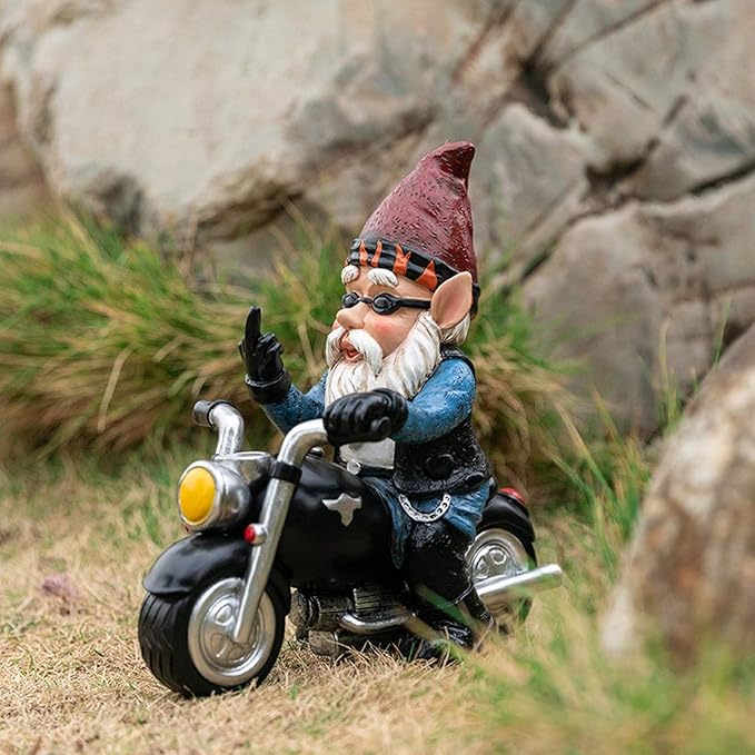 Garden Gnome Riding Motorcycle Funny Outdoor Gnome Decoration Indoor Outdoor Lawn Figurines for Home Yard Décor, Small