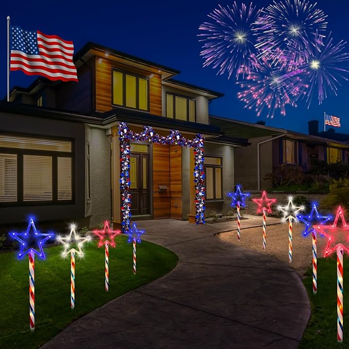 Solar Pathway Lights Outdoor 4th of July Decorations, 2 Sets of 6 Red White and Blue Star Walkway Lights With 180 LED, Waterproof Remote Control Timed Patio for Lawn Garden Decor