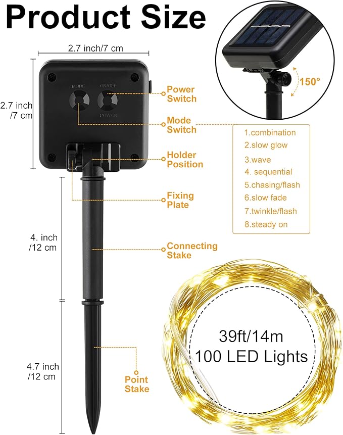 Treela 9 Pack Solar String Lights for Outside, 39 ft 100 LED Outdoor Fairy Lights Waterproof Copper Wire 8 Modes Solar Twinkle Lights for Patio Garden Tree Yard Party Decor(Warm White)