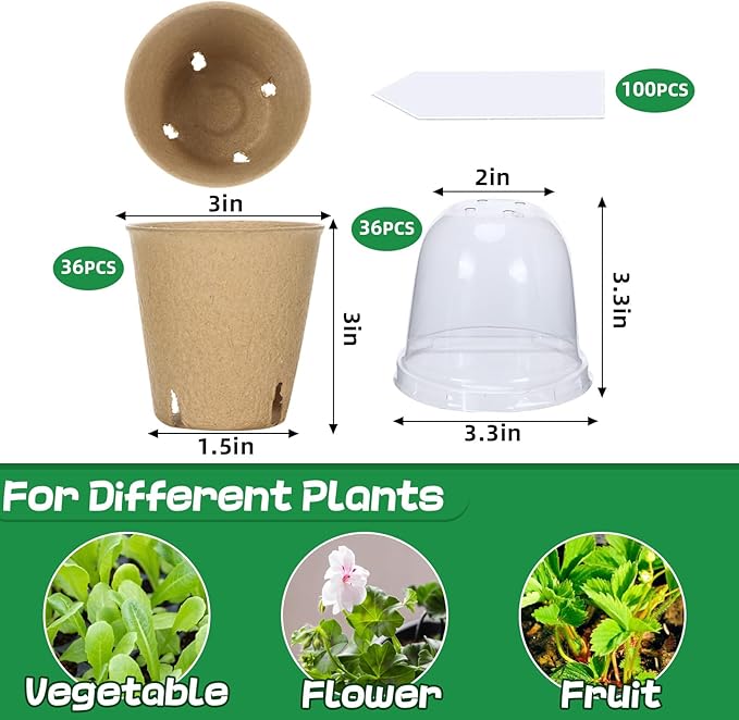 Aulock 36 Sets Plant Nursery Pots with Humidity Dome - 3in Biodegradable Seed Starting Pots, Round Peat Pots with 100 Labels for Garden Flowers Herbs Vegetables Seedlings