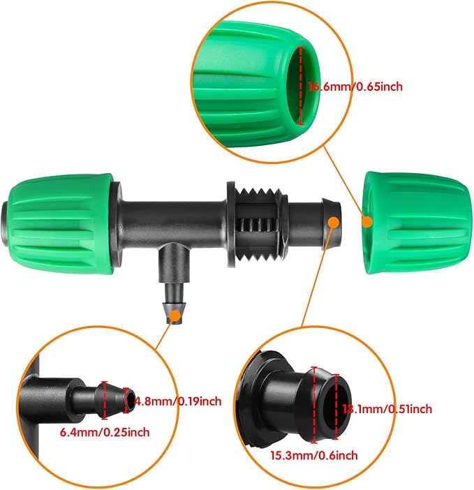 Drip Irrigation Fittings for 1/2 Inch Tubing(0.6-0.63" OD), 21 Pcs Set 1/2" Drip Line Parts Barbed Locked Nut Connectors - 5 Couplings, 5 Tees, 4 End Cap, 3 Reducing Tees, 2 Switch Valves, 2 Elbows