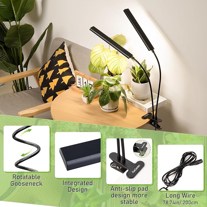 FOXGARDEN® Grow Light Full Spectrum, Dual Head Plant Lights for Indoor Growing with Flexible Gooseneck, 104 LEDs Clip Grow Lamp with 4/8/12H Timer, 4 Brightness Levels, Ideal for Indoor Growth