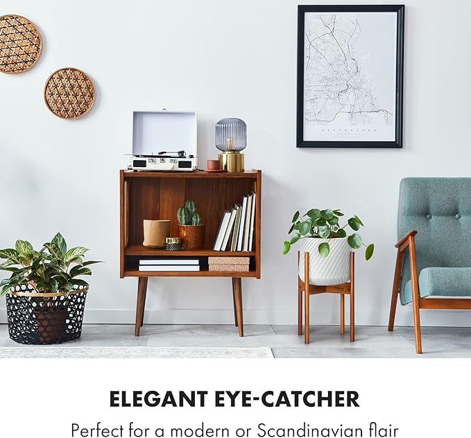 Fox & Fern Mid Century Plant Stand — 10 Inch Fixed Size Wooden Plant Stand for Indoor Planters; Raised Flower Pot Holder for Indoors; Plug In Design; Two Height Options; Easy to Assemble - Acacia