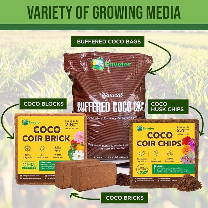 Coco Coir for Plants 100-Pack Envelor 2.6 Cu. Ft. Compressed Coconut Coir Bricks 10 lb. Organic Coconut Coir Bulk Low EC pH Balanced Natural Coco Peat for Indoor and Outdoor Gardening Potting Soil