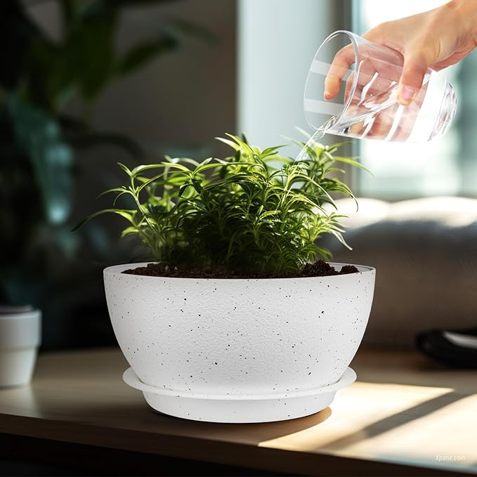 13 inch Plant Pots Pack of 2, Plastic Planter with Drainage Holes and Saucers, Plant pots for Indoor Outdoor Use, Flower Pots for All House Plants (Speckled White)