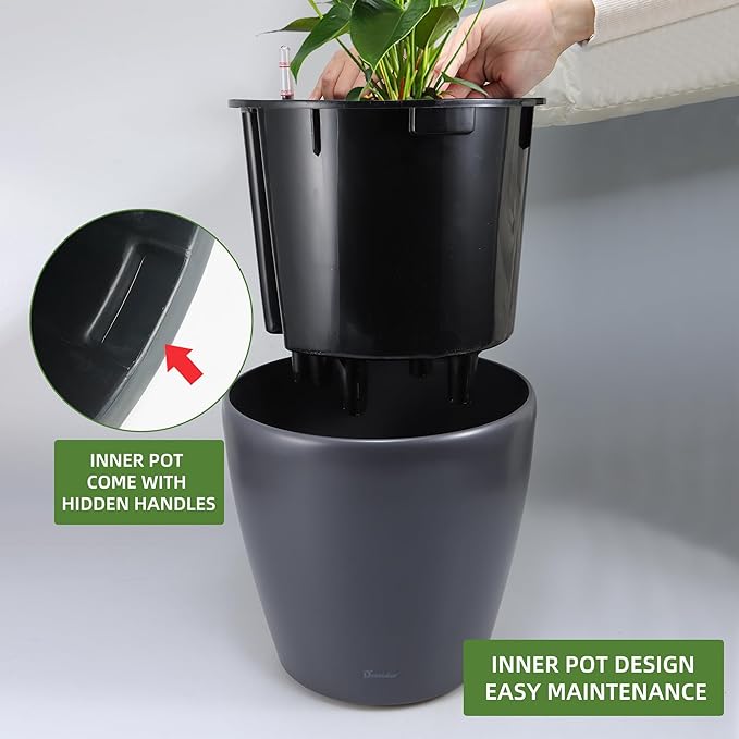 Dexceder 18x17 Self Watering Planter with Wheels Indoor Outdoor, Inner Pot Design, Thickened Large Floor Standing Flower Plant Pot with Water Level Indicator (Slate Gray Matte)