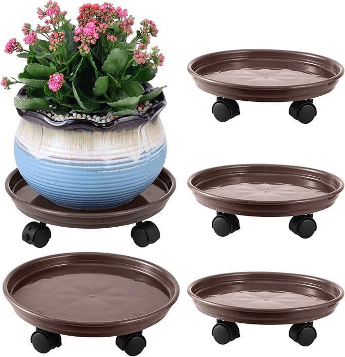 4 Packs Plant Caddy with Wheels 11.8" Plastic Rolling Plant Stands Heavy-Duty Plant Dolly with Casters Indoor Outdoor Plant Roller Base Plant Saucers on Wheels Plant Mover Coaster, Brown