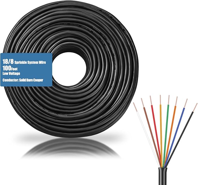 Hoolerry Solid Sprinkler System Wire 18 Gauge Irrigation Wire with UV Resistant PVC Jacket Sprinkler Cable for Underground Irrigation Field Central Control System 30v Ul Listed(18/8, 100 Ft)