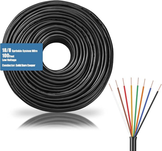 Hoolerry Solid Sprinkler System Wire 18 Gauge Irrigation Wire with UV Resistant PVC Jacket Sprinkler Cable for Underground Irrigation Field Central Control System 30v Ul Listed(18/8, 100 Ft)