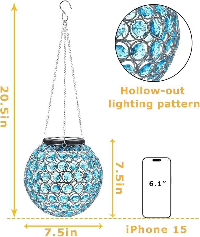 Solar Lantern Hanging Outdoor Christmas Decorative, Dual LEDs Color Changing and Blue Crystal Globe Lamp Hanging Light Waterproof with S Hook Decor in Garden, Pathway, Front Door- Blue