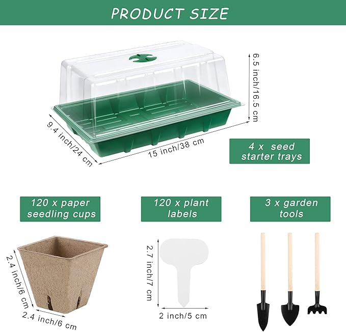 4 Pack Seed Starter Tray Kit, 120 Square Seed Peat Pots for Seedlings with Plants Labels, Planting Tools, Plastic Growing Germination Trays with Lids for Indoor Outdoor Gardening, Green