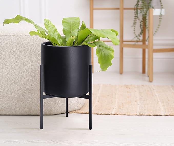 D'vine Dev Modern Black Plants Pot Cylinder Planter with Heavy Duty Stand, Small 8 Inch Pot, 12.6 Inch with Stand Height, 96-T-B-1