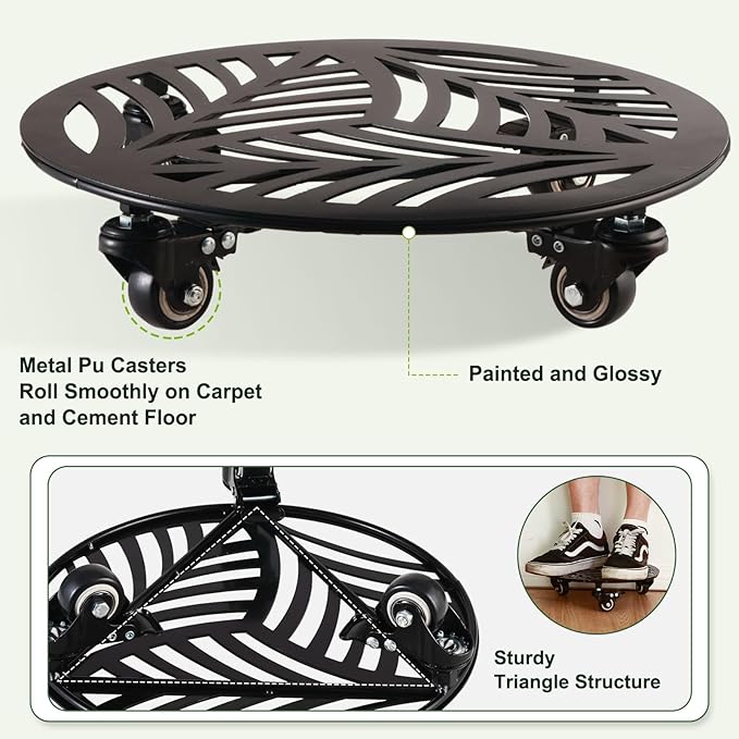 3 Packs Metal Plant Caddy with 3 Metal PU Wheels 12” Heavy-duty Wrought Iron Rolling Plant Stands with Casters Indoor and Outdoor Plant Pot Roller Base Plant Dolly Coaster Movers Black