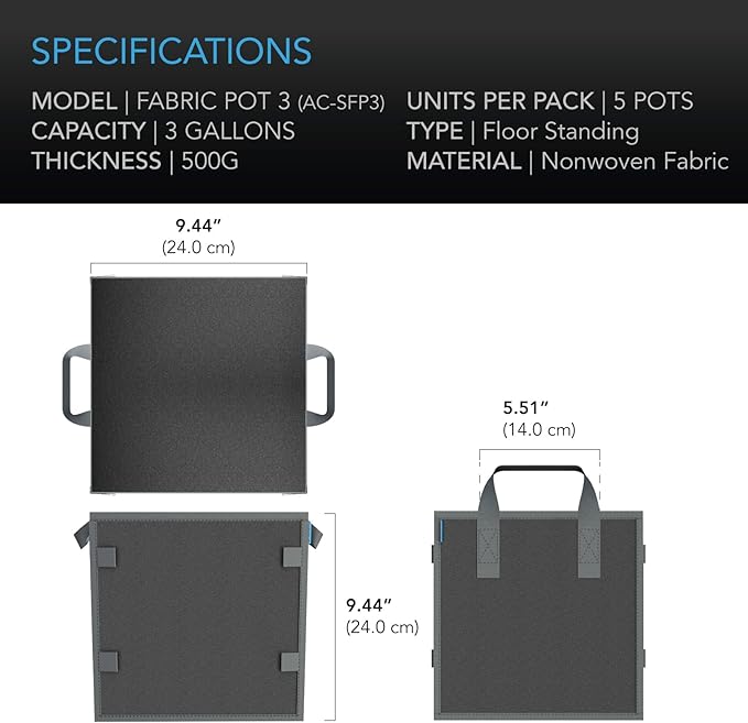 AC Infinity Square Heavy Duty Fabric Pots, 3 Gallon Aeration Reusable Grow Bags 5-Pack with 500G Thick Nonwoven Fabric and Plant Stake Loops, for Garden Growing Fruits, Vegetables, and Flowers