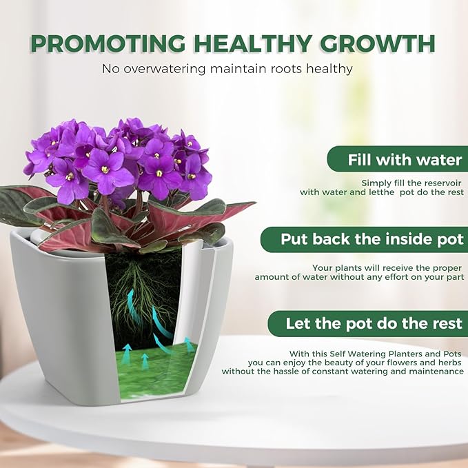 6 Inch Self Watering Pots for Indoor Plants,African Violet Pots, Easy Plant Self Watering Planter, Ceramic Plant Pot with Absorbent Inner Pot for Flowers,Indoor Flower Pots-Grey