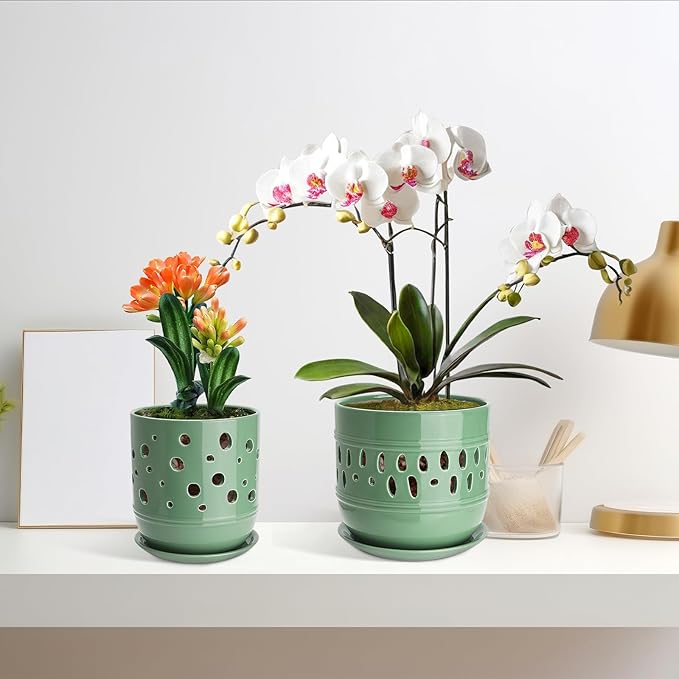 Ceramic Orchid Pot, 5+6 Inch Orchid Pots with Holes, Promoting Air Circulation and Drainage, Indoor/Outdoor Flower Pots - Pea Green
