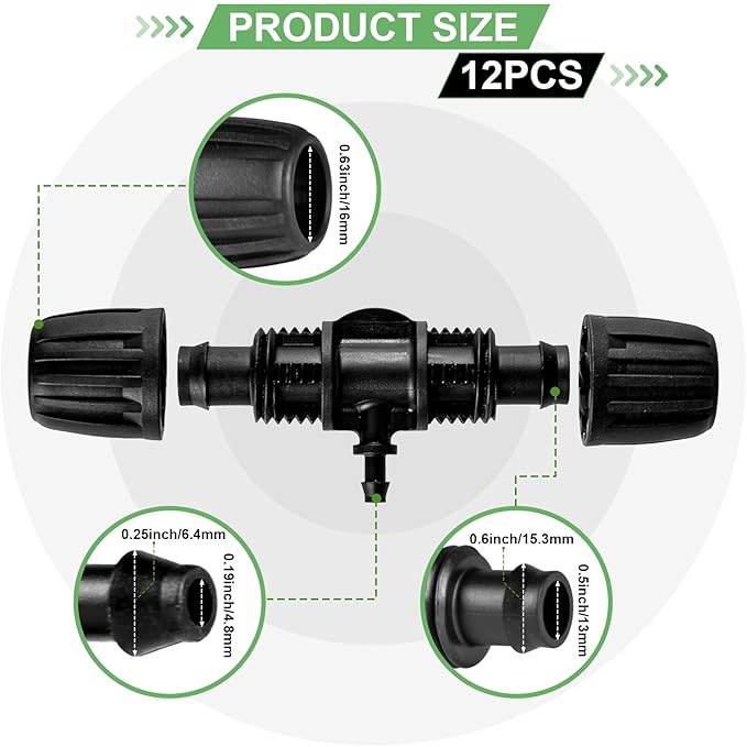 12PCS Barbed Tee 1/2 Inch To 1/4 Inch Irrigation Tubing Fittings, 1/2In (0.63"OD) 16mm to 1/4In Irrigation Tubing Anti-Drop Locked 3 Way Connectors for Drip Irrigation Hose (13mm ID / 4mm ID)