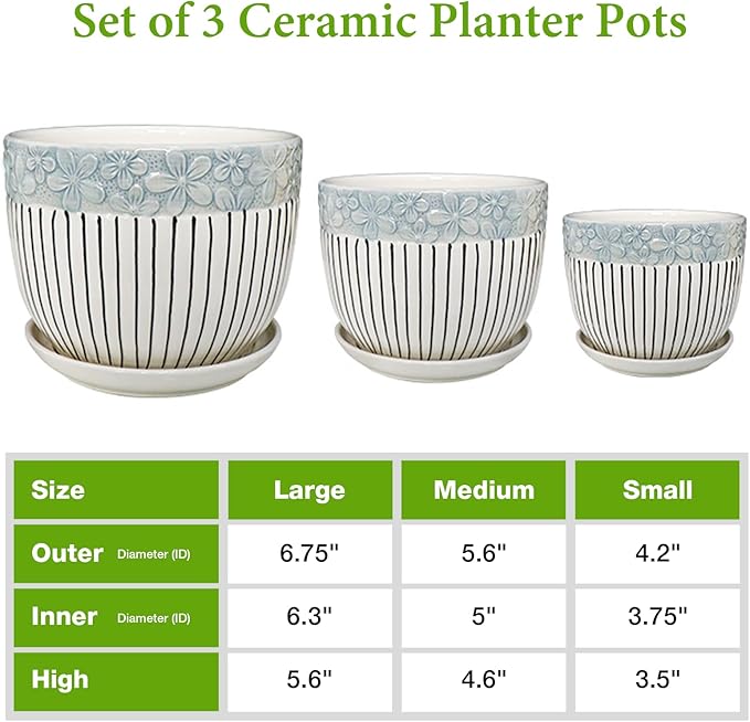 Ceramic Plant Pots Set of 3, 6.75/5.6/4.2 inch Planters with Drainage Holes and Saucer, Flower Pots Outdoor Indoor, Modern Decorative Planters for House Plants Garden Planters Succulent Pots