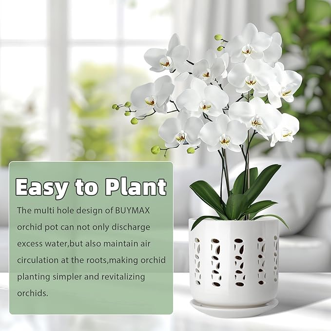 Ceramic Orchid Pots with Holes, 5 Inch+6 Inch Orchid Planter with Drainage Holes and Tray, Indoor Flower Pot for Repotting Orchids, Elegant White Glaze