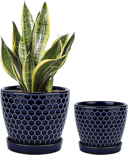 Docrin Ceramic Plant Pots Indoor: 6.6 + 5.5 Inch Planters with Drainage Holes and Saucer for Home/Office - Set of 2 /Blue Honeycomb