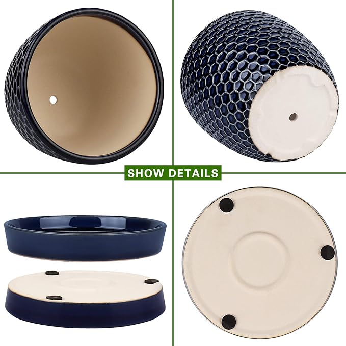 Docrin Ceramic Plant Pots Indoor: 6.6 + 5.5 Inch Planters with Drainage Holes and Saucer for Home/Office - Set of 2 /Blue Honeycomb