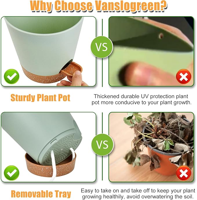 Planters for Indoor Plants 7/6.5/6/5.5/5 Inch, Self Watering Planters with Drainage Holes and Saucers 5 Pack Plastic Pots for Plants, Succulents, Herbs, Cactus, Flower Pots, Green