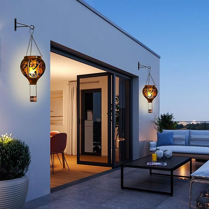 pearlstar Hot Air Balloon Solar Lantern with Flickering Flame Light Outdoor Solar Hanging Lights Waterproof for Garden Yard Farmhouse Patio Pathway Outside Decoration,Glass(Butterfly)