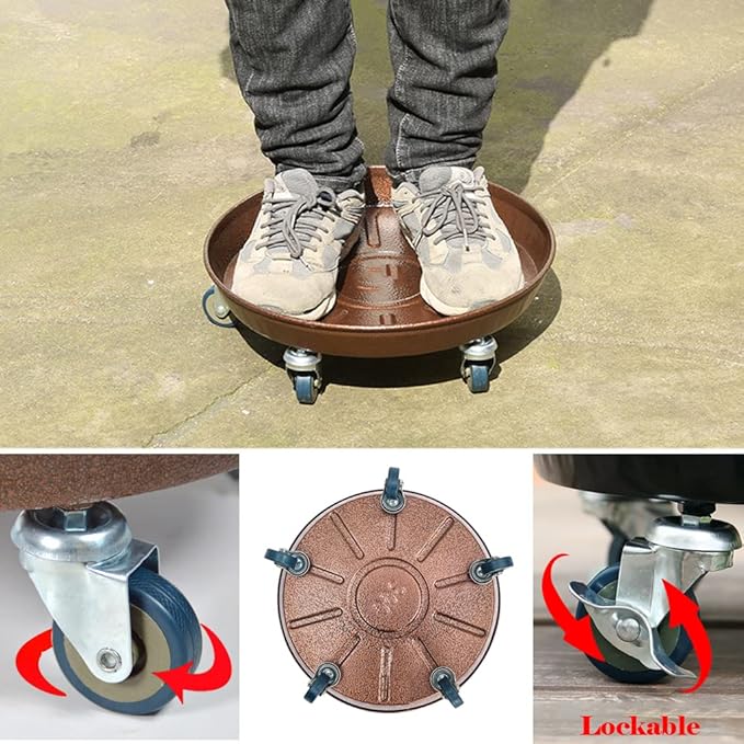 Artline 14" Round Plant Stand with Lockable Wheels, 380lbs Heavy Duty for Indoor Outdoor, Large Rolling Dolly Planter Caddy on Casters to Carry Potted Flower Pot, Round Metal Tray NO Holes, 2 Pack